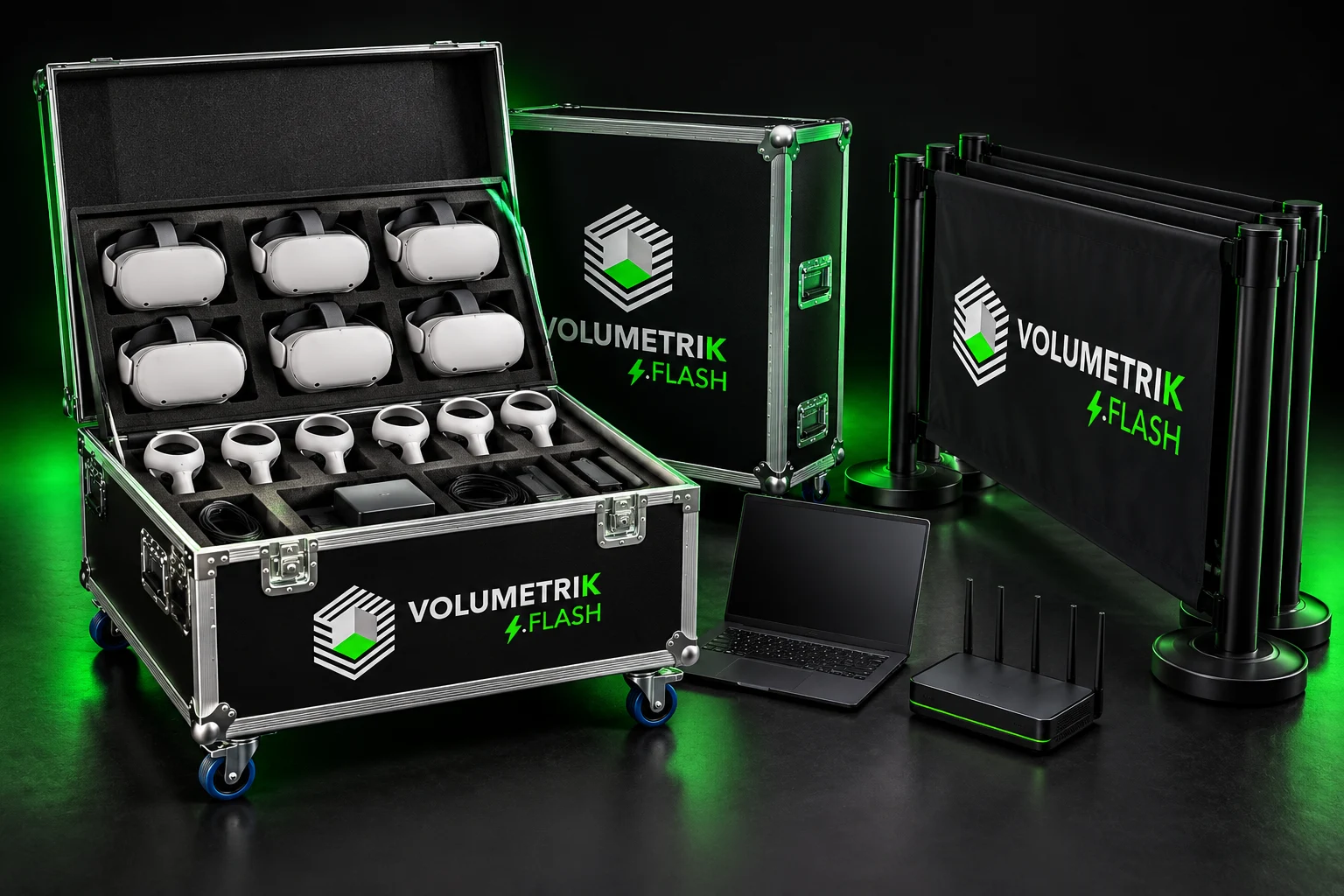Equipo transportable Volumetrik Flash: gafas, maletas técnicas, portátil y barreras